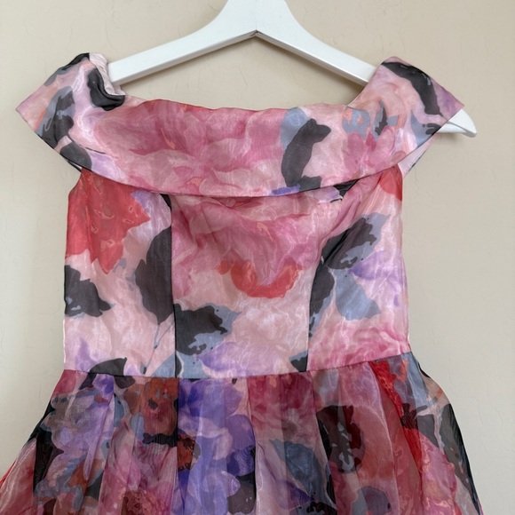 asos petite floral organza off shoulder wedding guest pink homecoming dress 2 - Picture 5 of 8